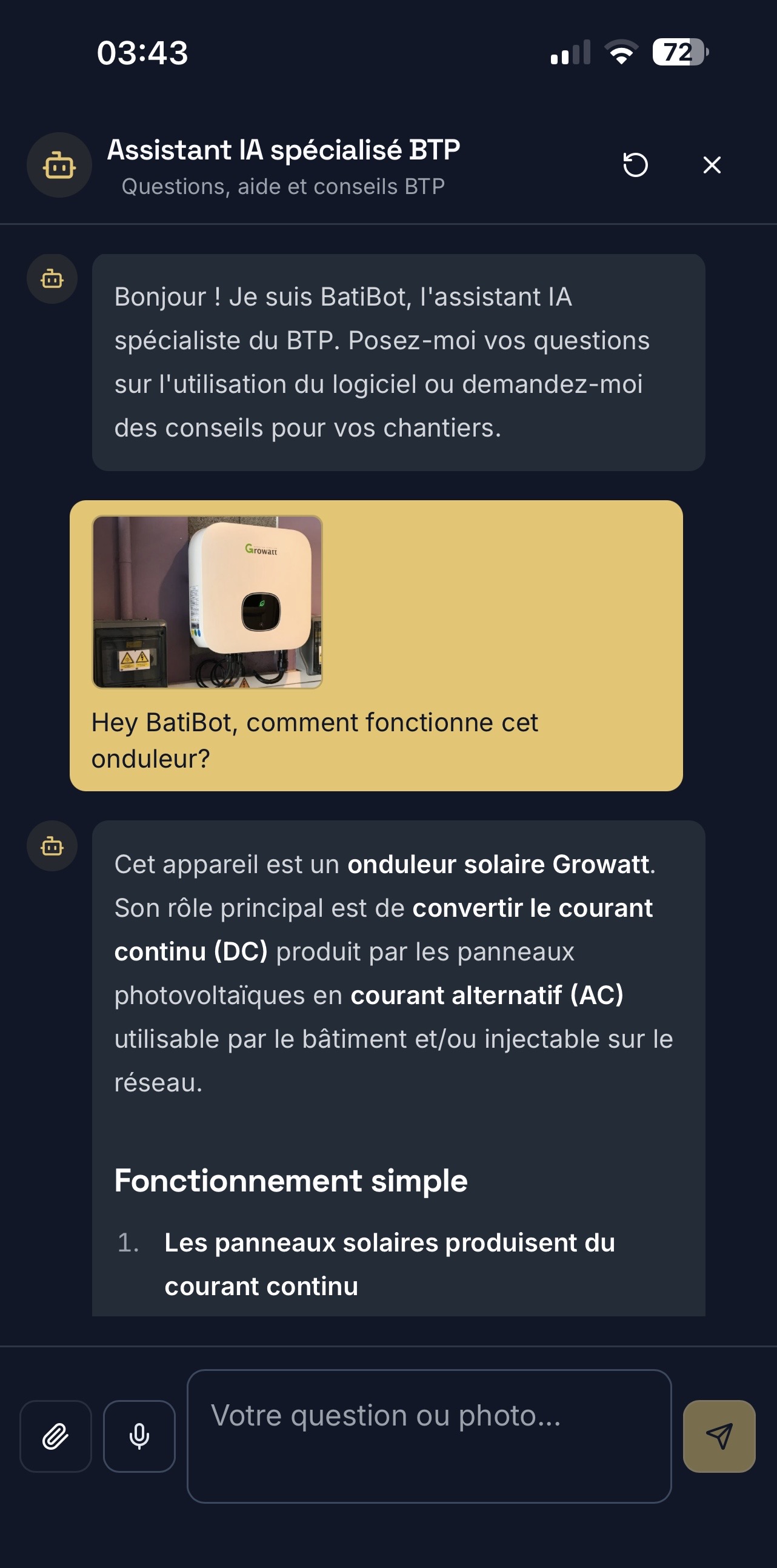 Aperçu de l'assistant IA BatiProAI sur iPhone