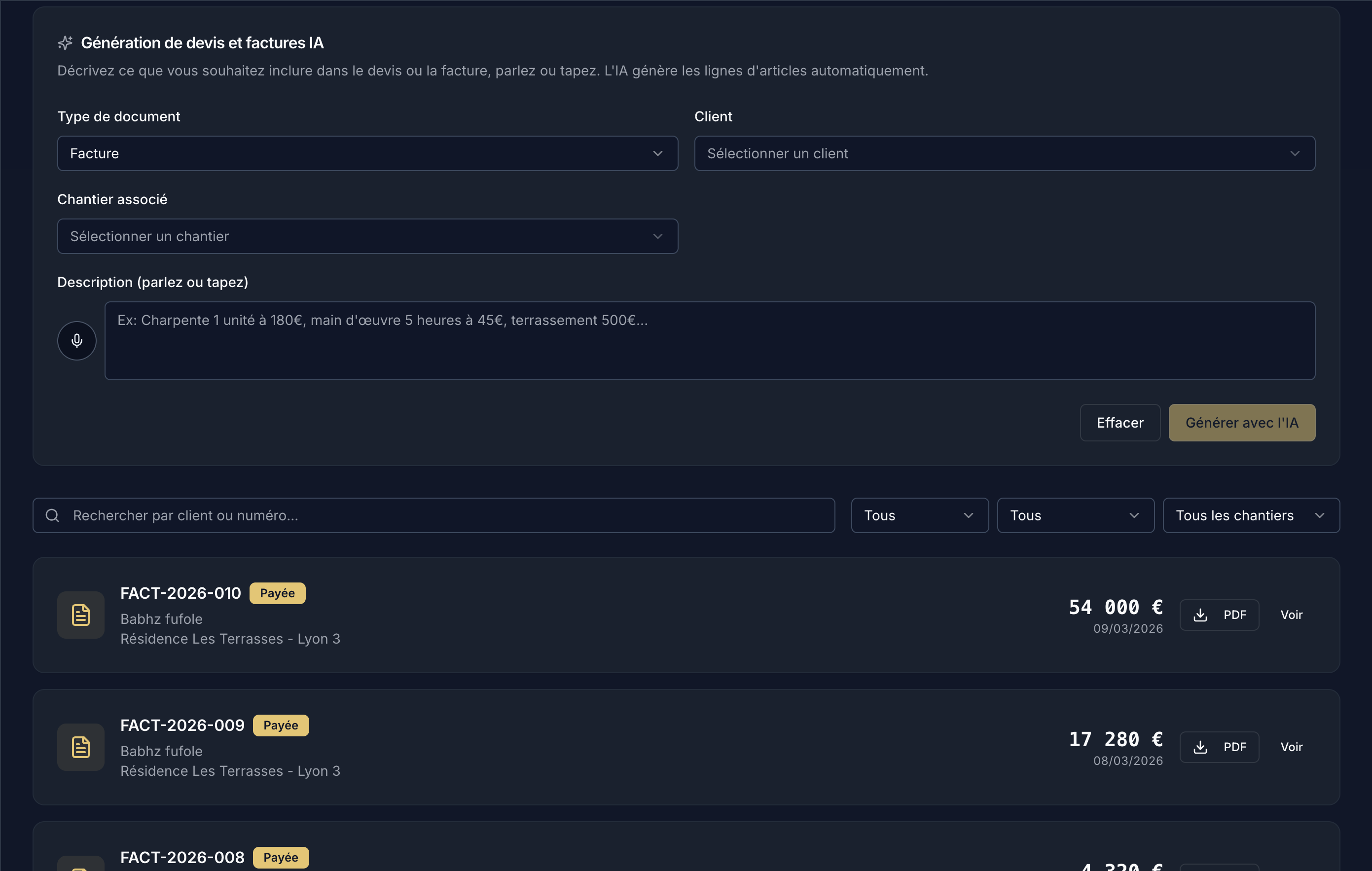 Aperçu du tableau de bord Devis et Factures - Détail d'un document