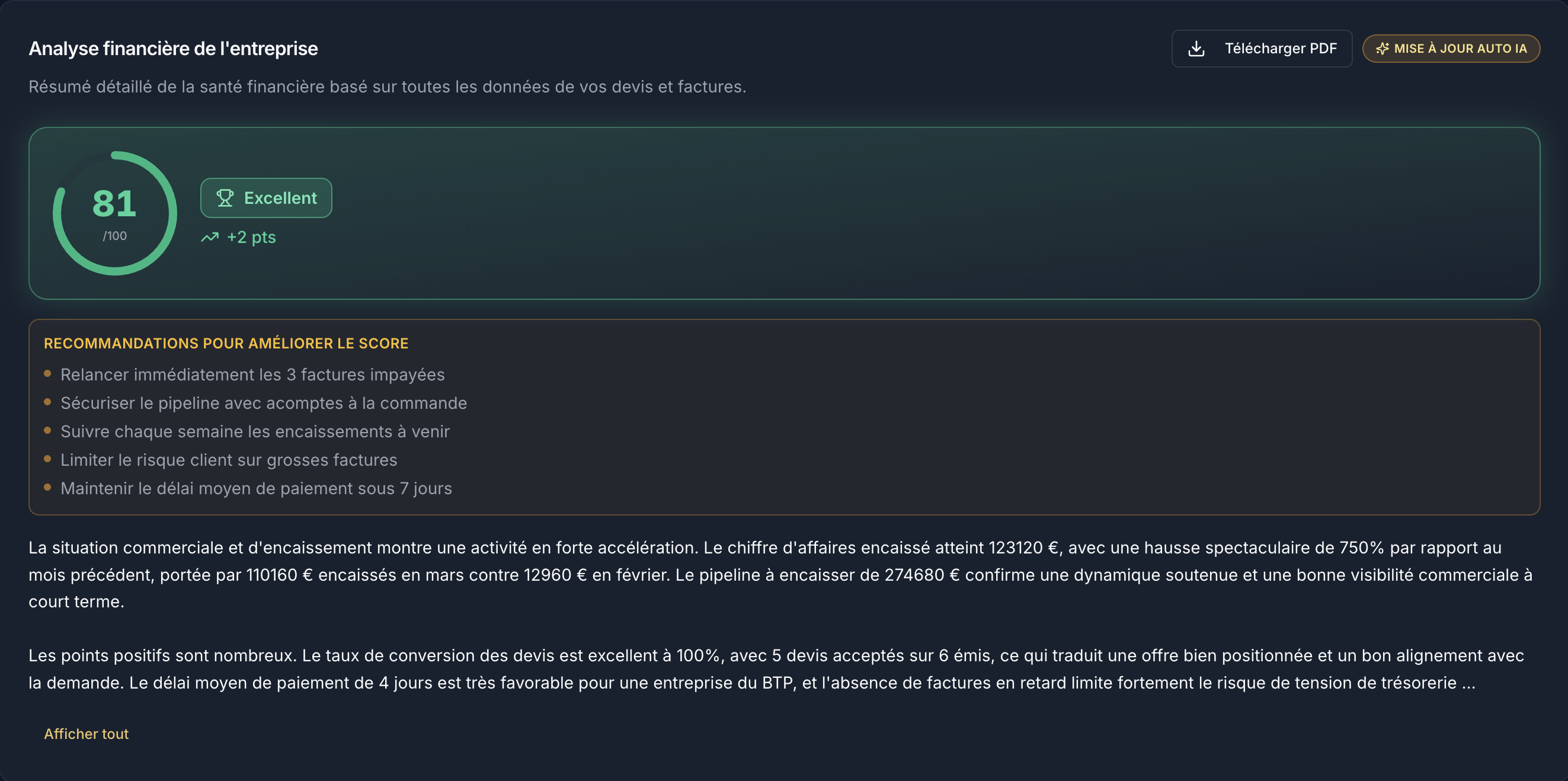 Aperçu de l'analyse financière IA - Résumé de la santé financière
