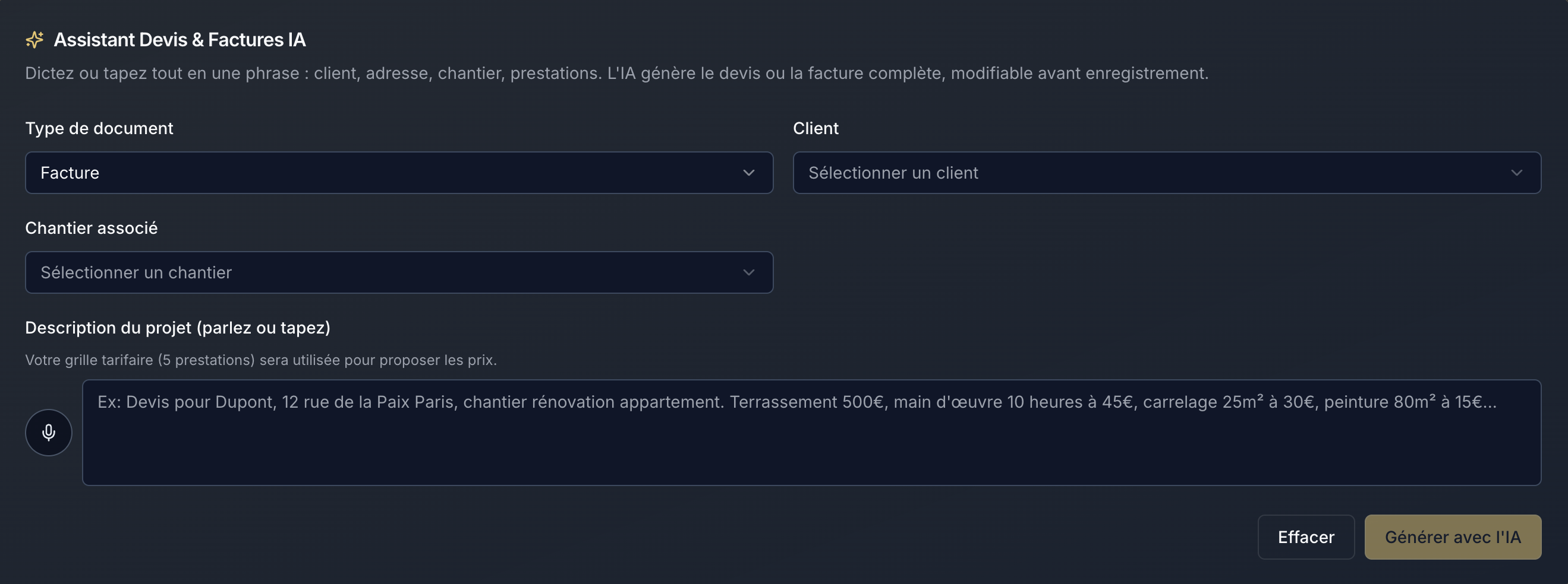 Génération IA de devis et factures - Création par dictée ou description